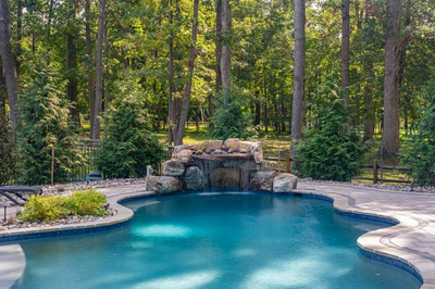 Zealand G - Lutherville, MD - A swimming pool surrounded by lush greenery with a waterfall feature