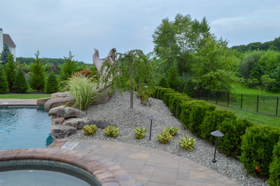Zillie G - Manalapan, NJ - A backyard with a pool and a water feature surrounded by lush greenery