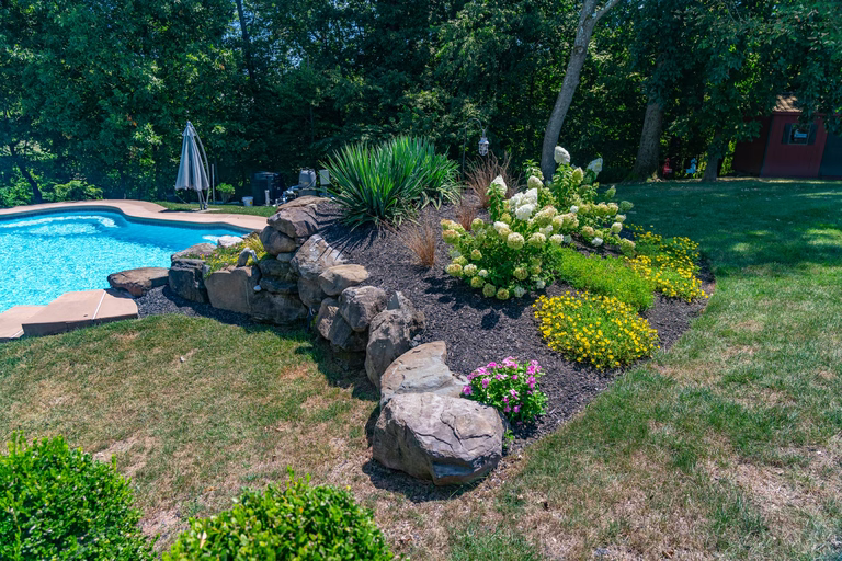 A backyard with a swimming pool surrounded by lush greenery and colorful flowers