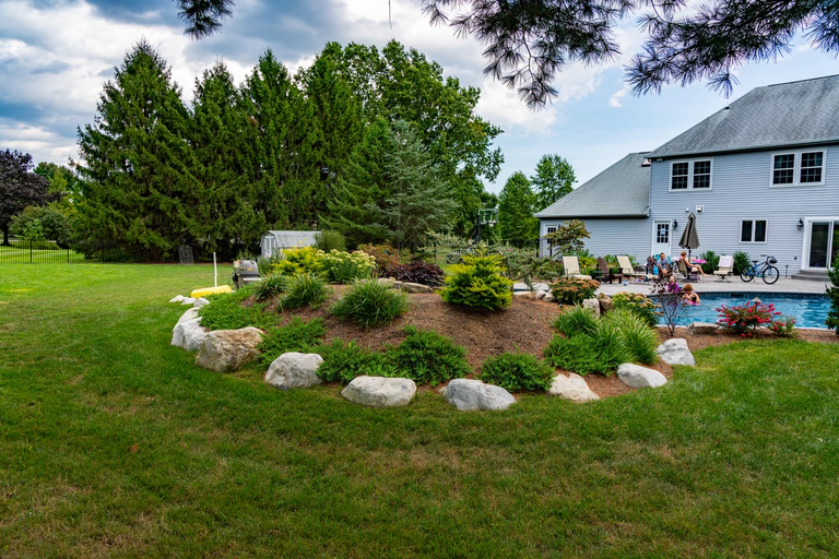A backyard with a swimming pool surrounded by lush greenery and rocks