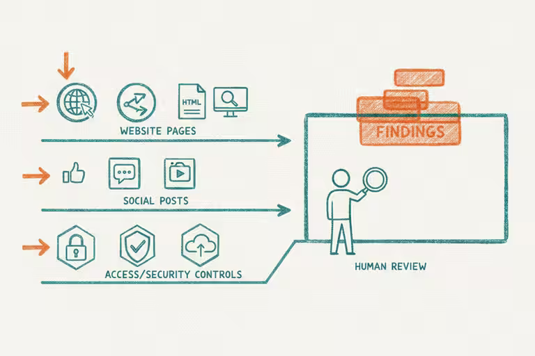Three audit lanes for website, social media, and security findings leading to human review.