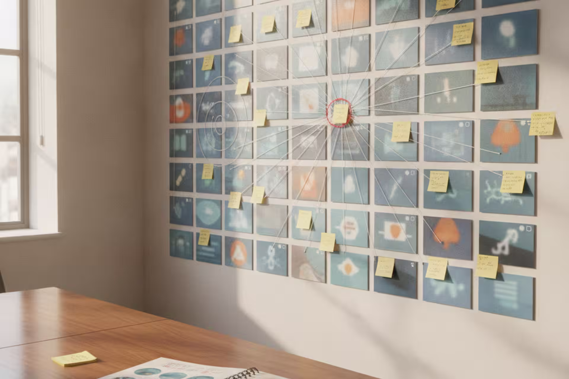 Printed social post thumbnails grouped into content patterns on a review wall.