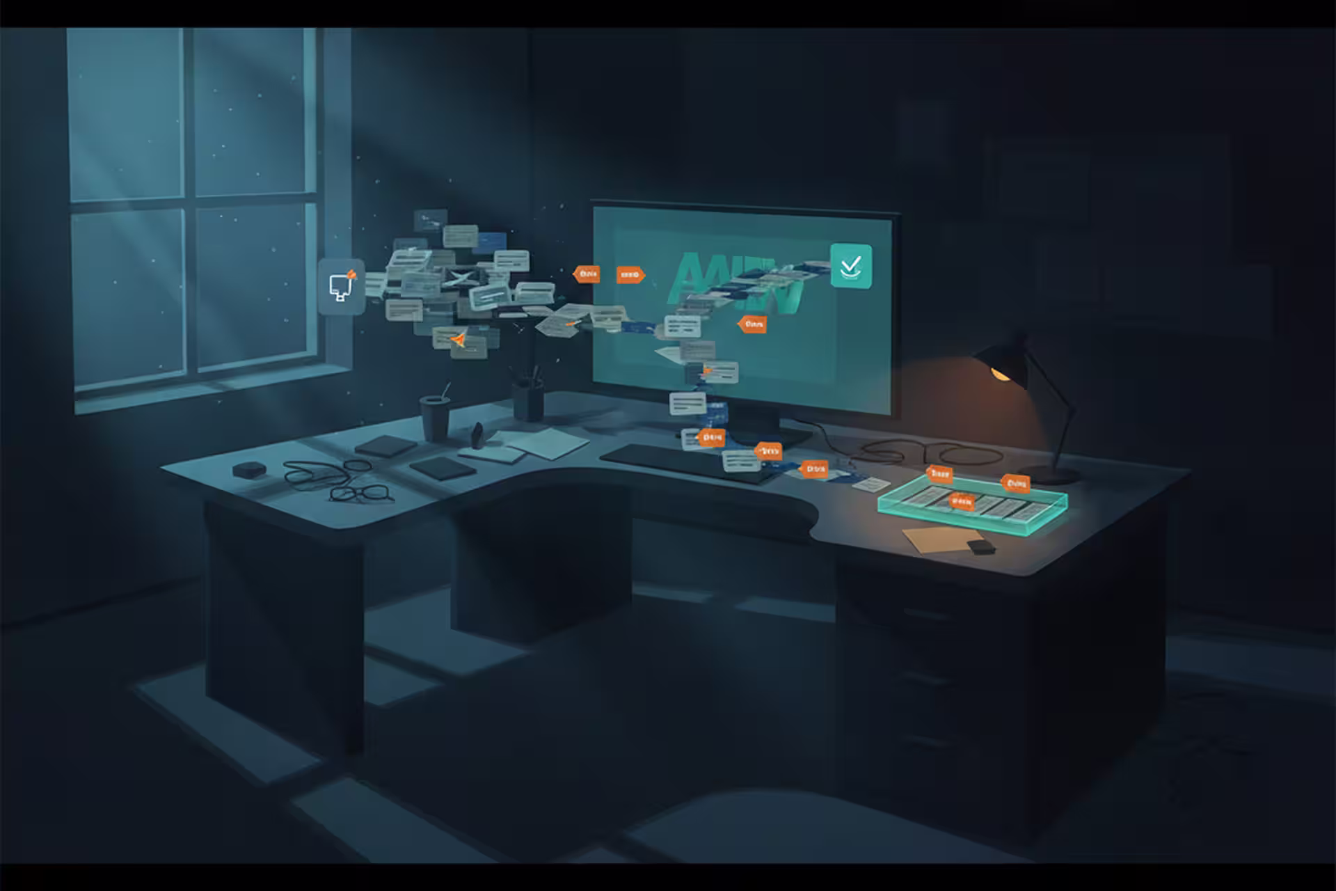 Nightly AI review queue reducing many suggestions into a smaller human approval tray.
