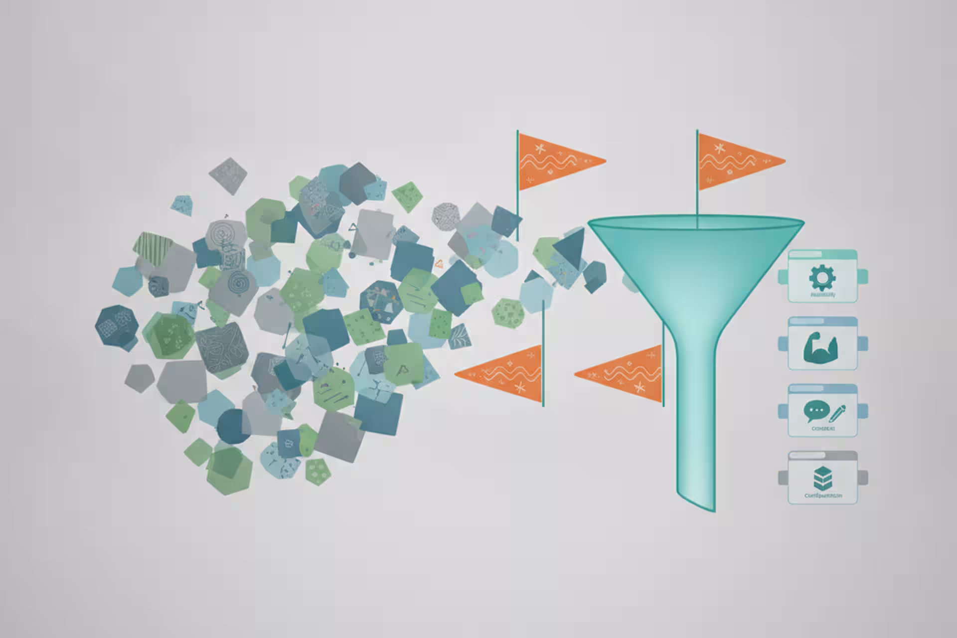Improvement-ticket funnel narrowing raw AI suggestions into a reviewed queue.