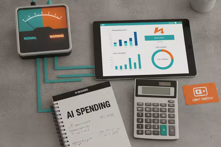 AI usage meter beside a budget notebook and circuit breaker control.