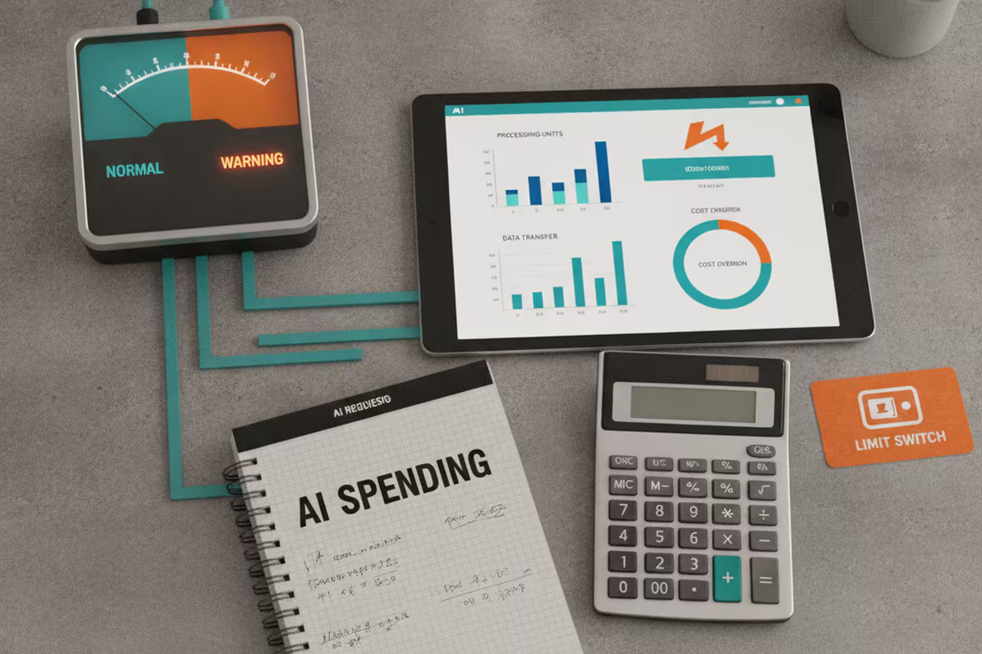 AI usage meter beside a budget notebook and circuit breaker control.