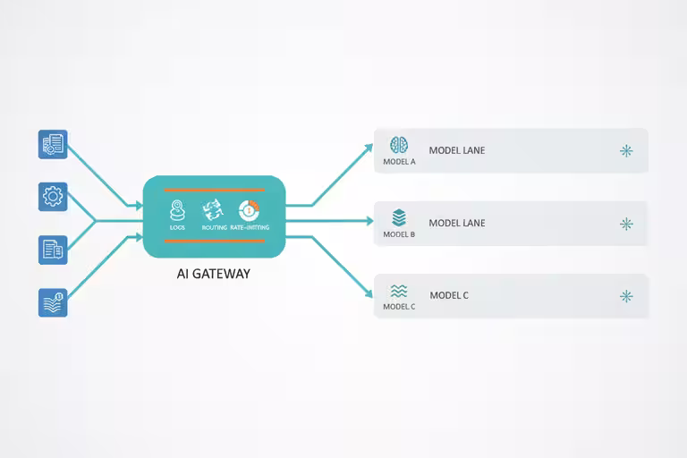 AI request gateway routing and logging calls from several business tools.