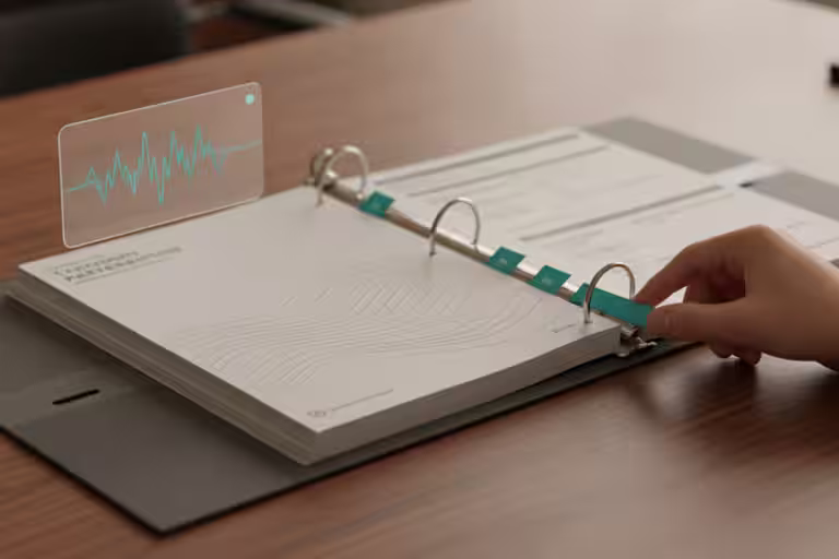 AI voice assistant waveform checking a company reference binder before answering.