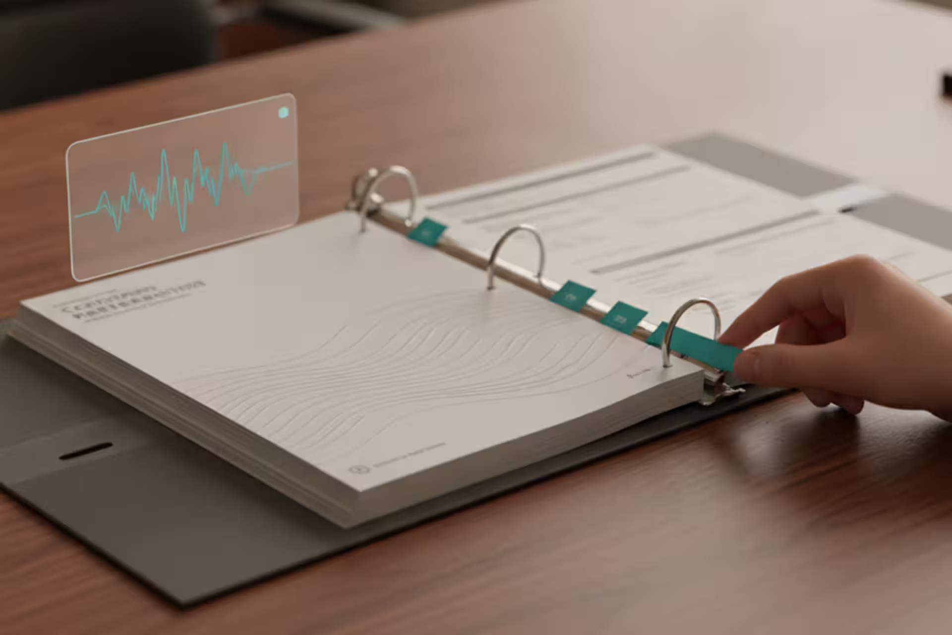 AI voice assistant waveform checking a company reference binder before answering.