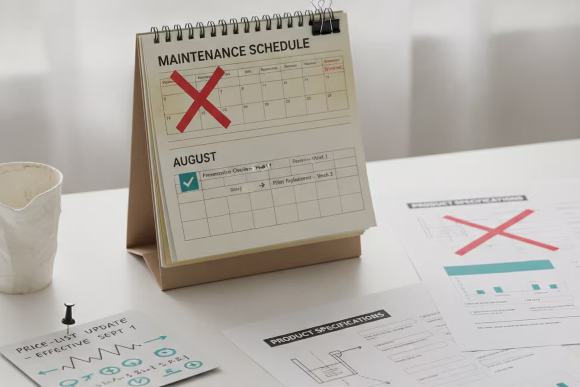 Knowledge-base maintenance calendar with old product sheets replaced by current ones.