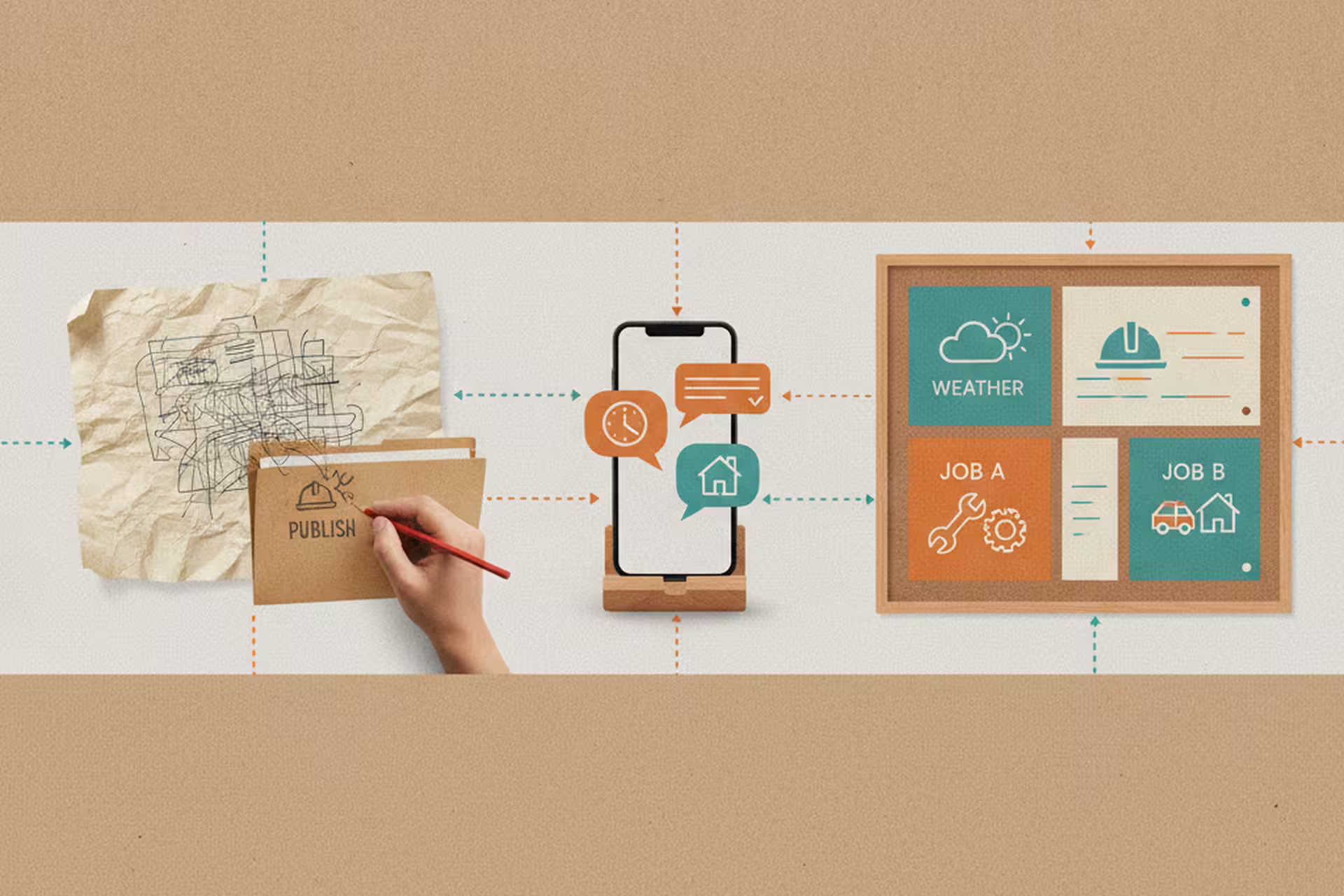 Human review desk with an AI blog draft, business texting, and dashboard notes.