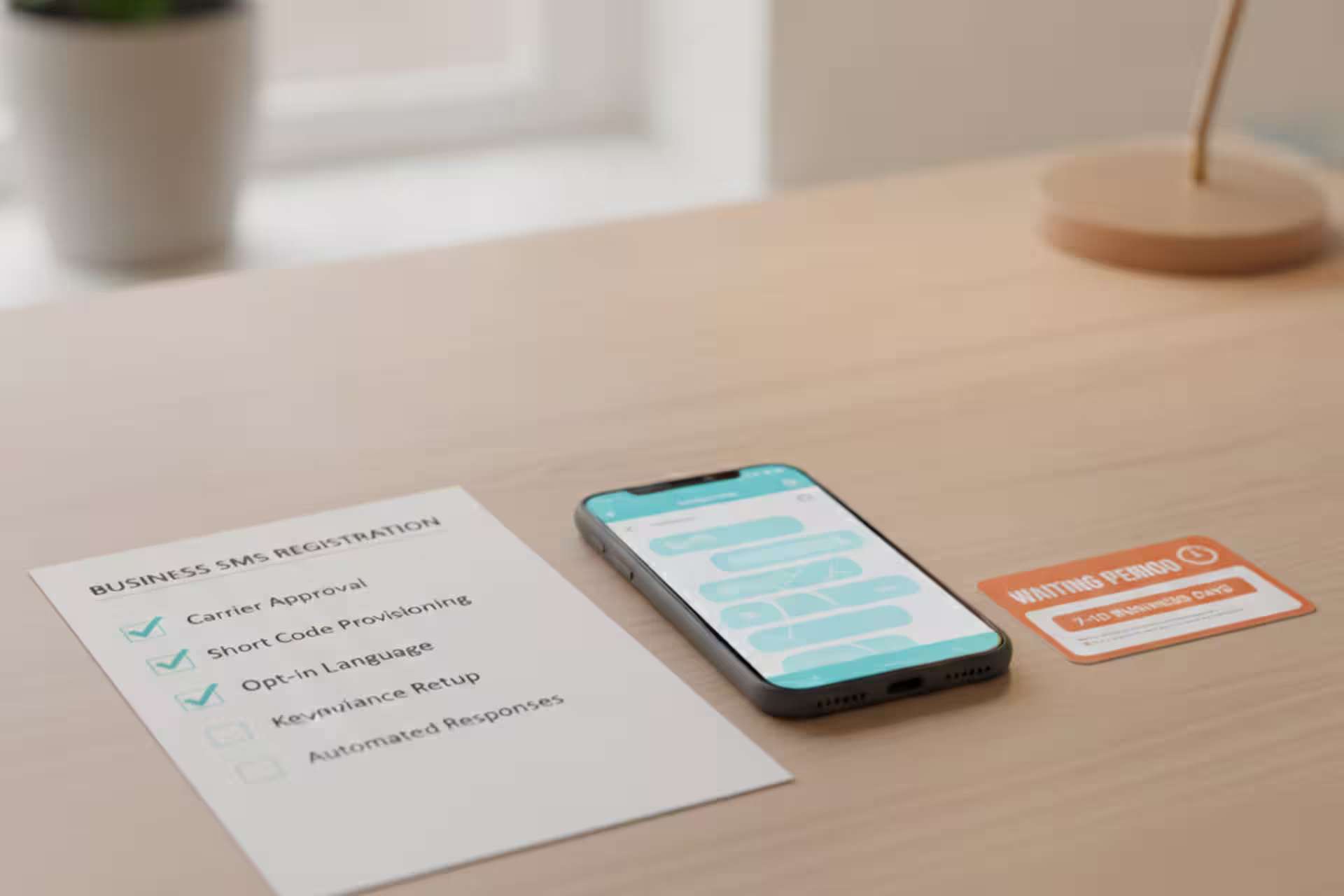 Business texting checklist beside a phone with generic customer message bubbles.