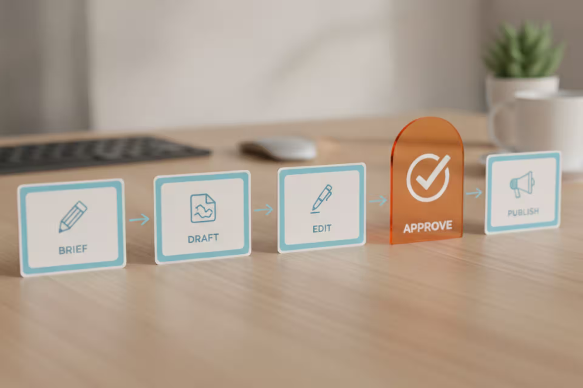 Five-step blog workflow from brief to human approval to publish.
