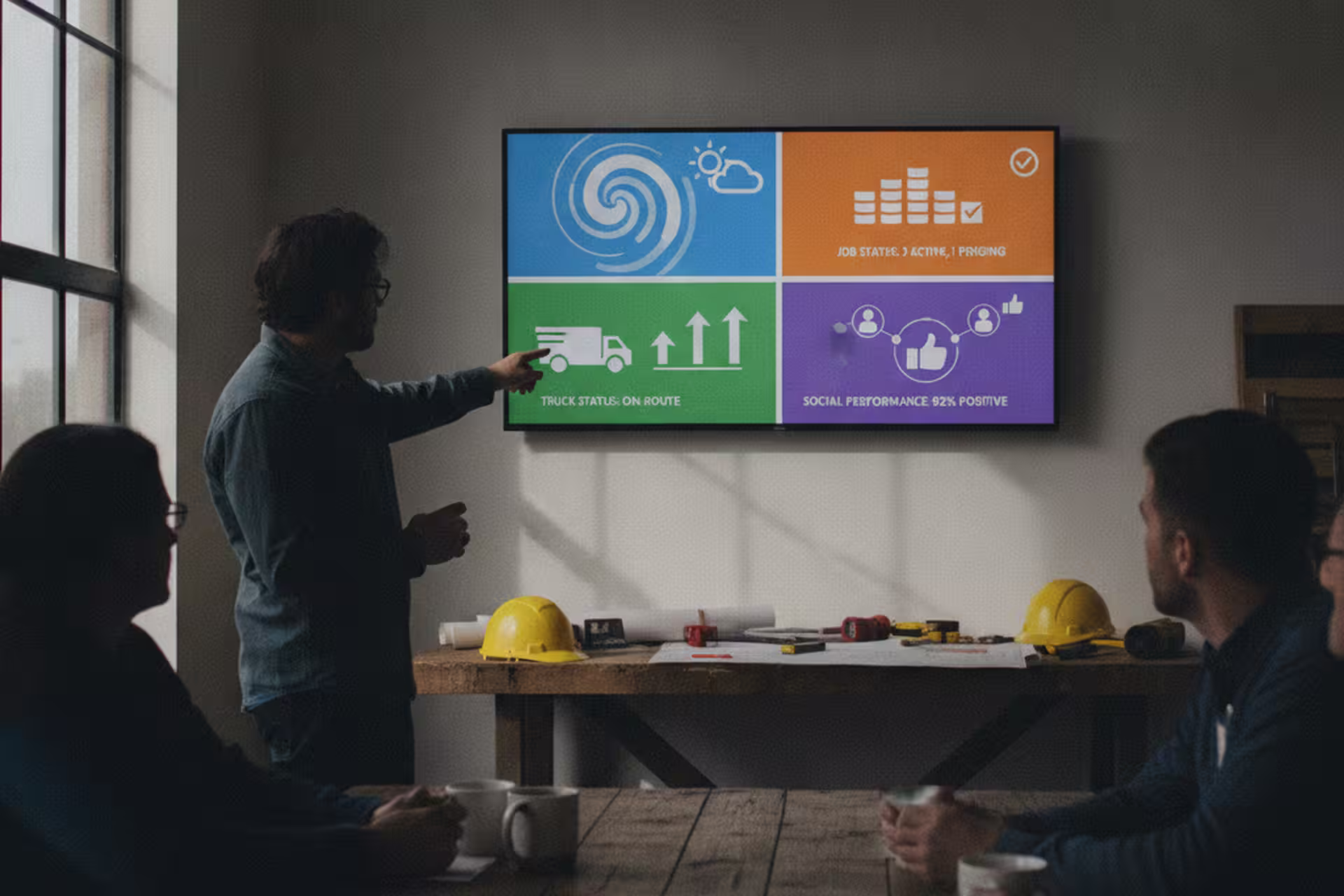 Shop wall dashboard showing weather, job status, trucks, and marketing tiles.