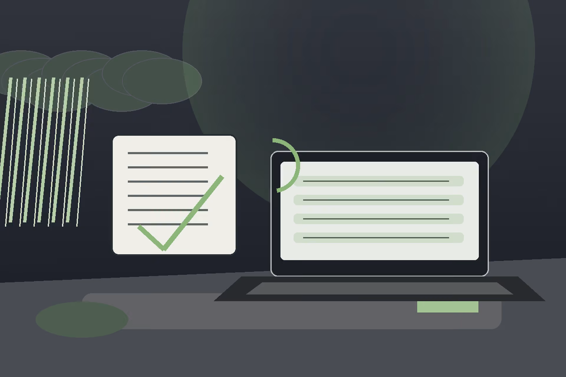 Human review desk cleaning up AI-generated code and automation notes with tests passing.