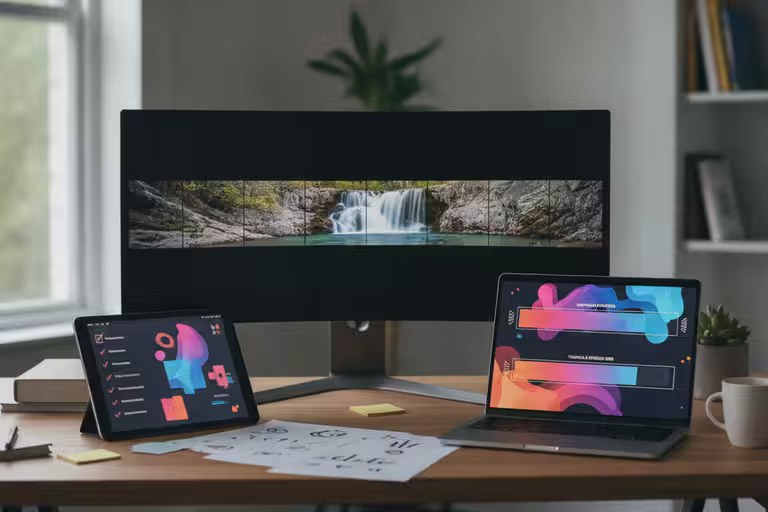 Waterfall video frames reviewed beside an upscaling and thumbnail checklist.