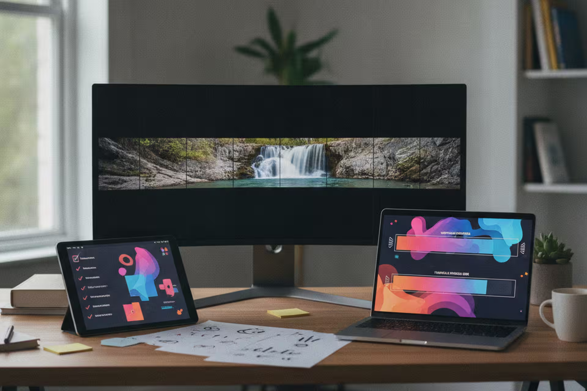 Waterfall video frames reviewed beside an upscaling and thumbnail checklist.