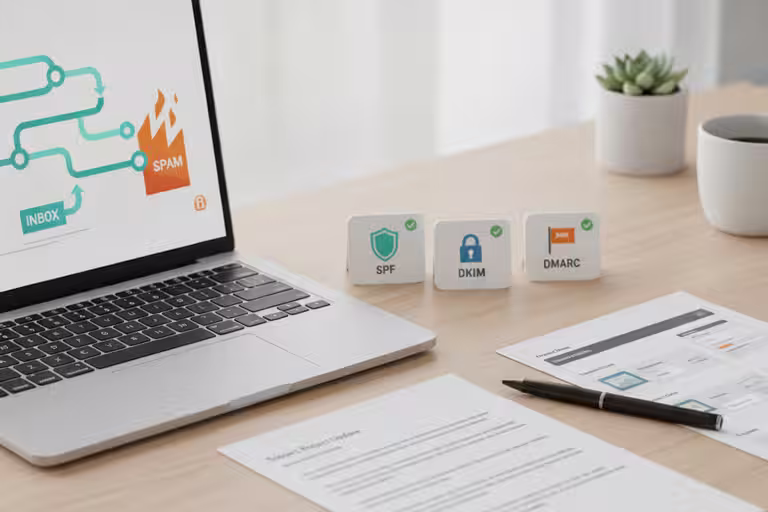 Email deliverability desk with SPF, DKIM, DMARC, and plain-text checklist cards.