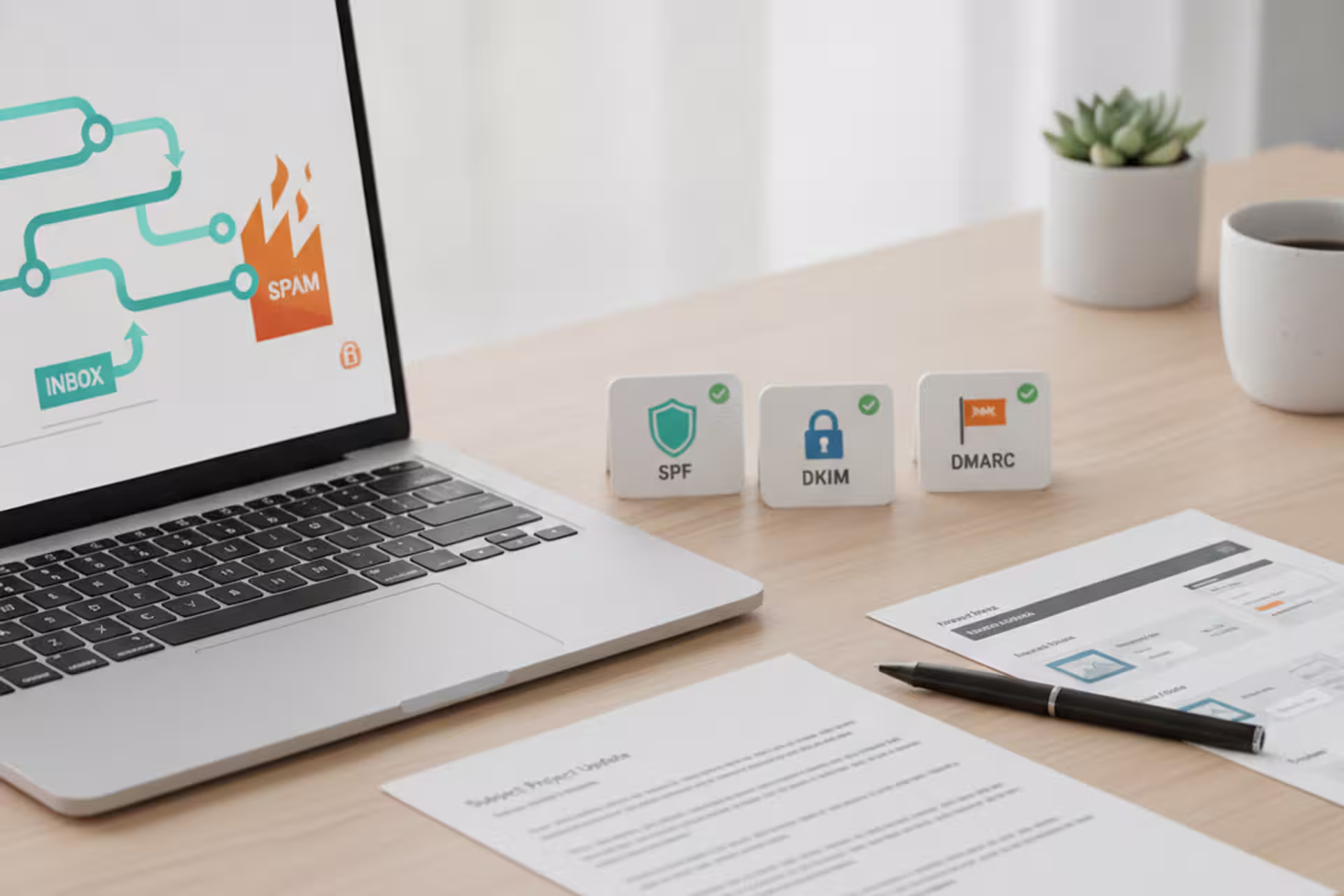 Email deliverability desk with SPF, DKIM, DMARC, and plain-text checklist cards.
