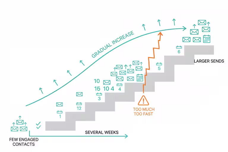 Domain warming staircase increasing email sends gradually over several weeks.