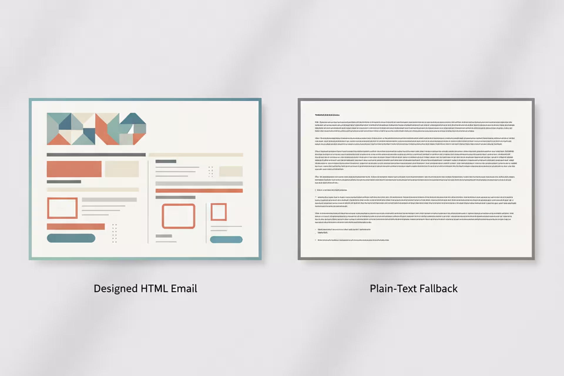 HTML email card paired with a simple plain-text fallback card.