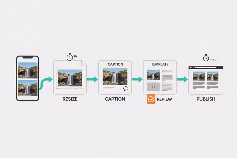 Waterfall project photos moving from a phone through an automated portfolio publishing workflow.