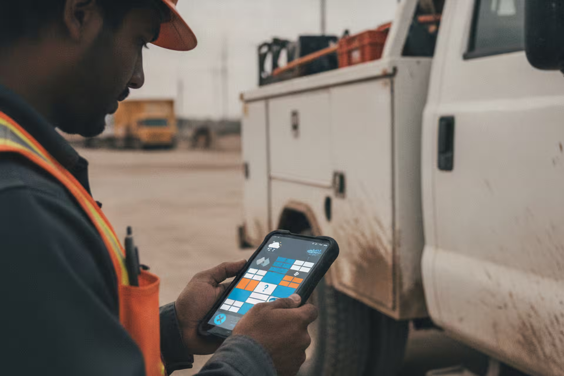 Crew member checking a current schedule update from the field.