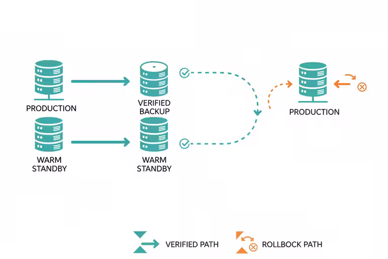 Operations diagram showing production, verified backup, warm standby, and rollback path.