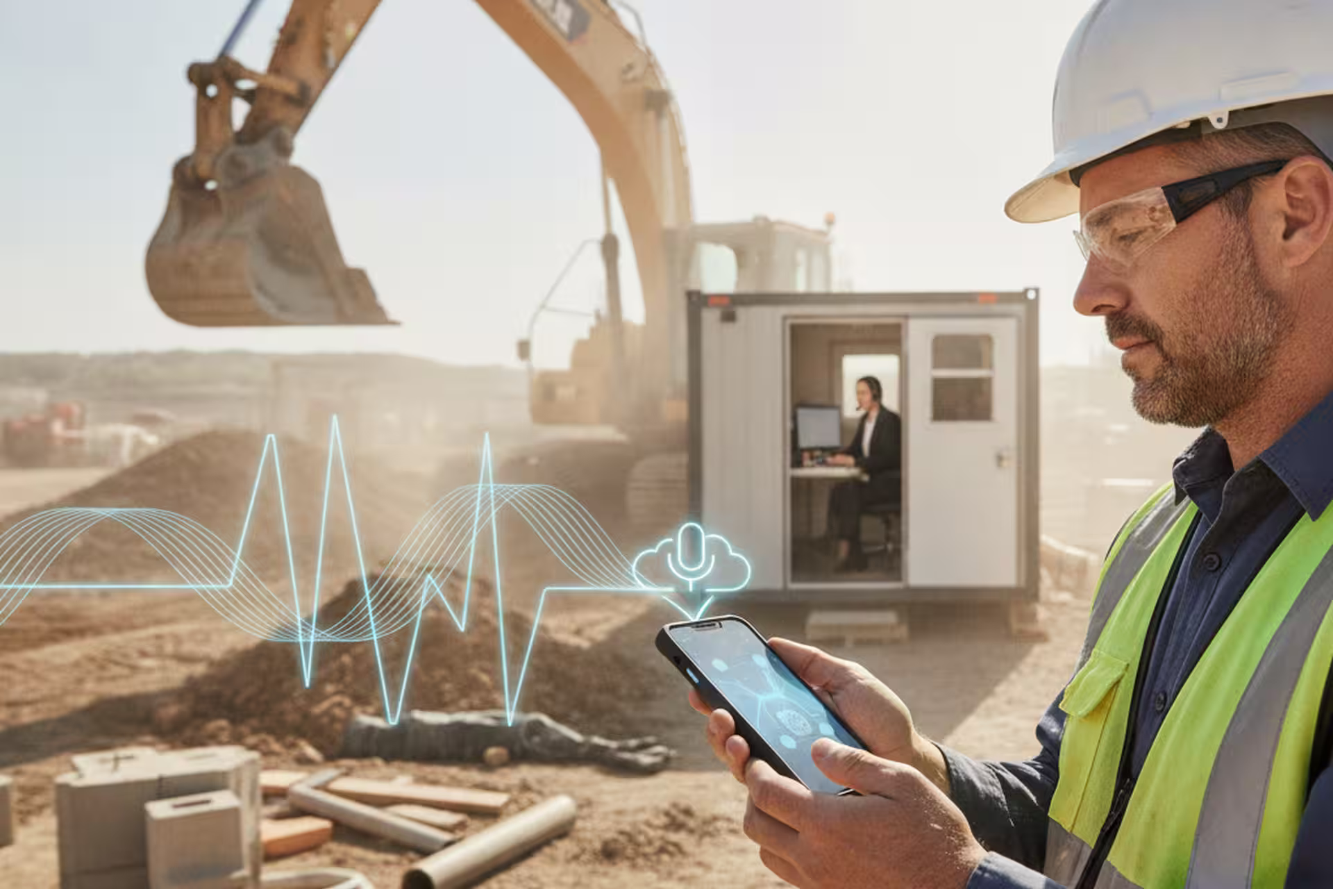 Contractor making a noisy jobsite call that routes through an AI phone assistant to a human handoff.