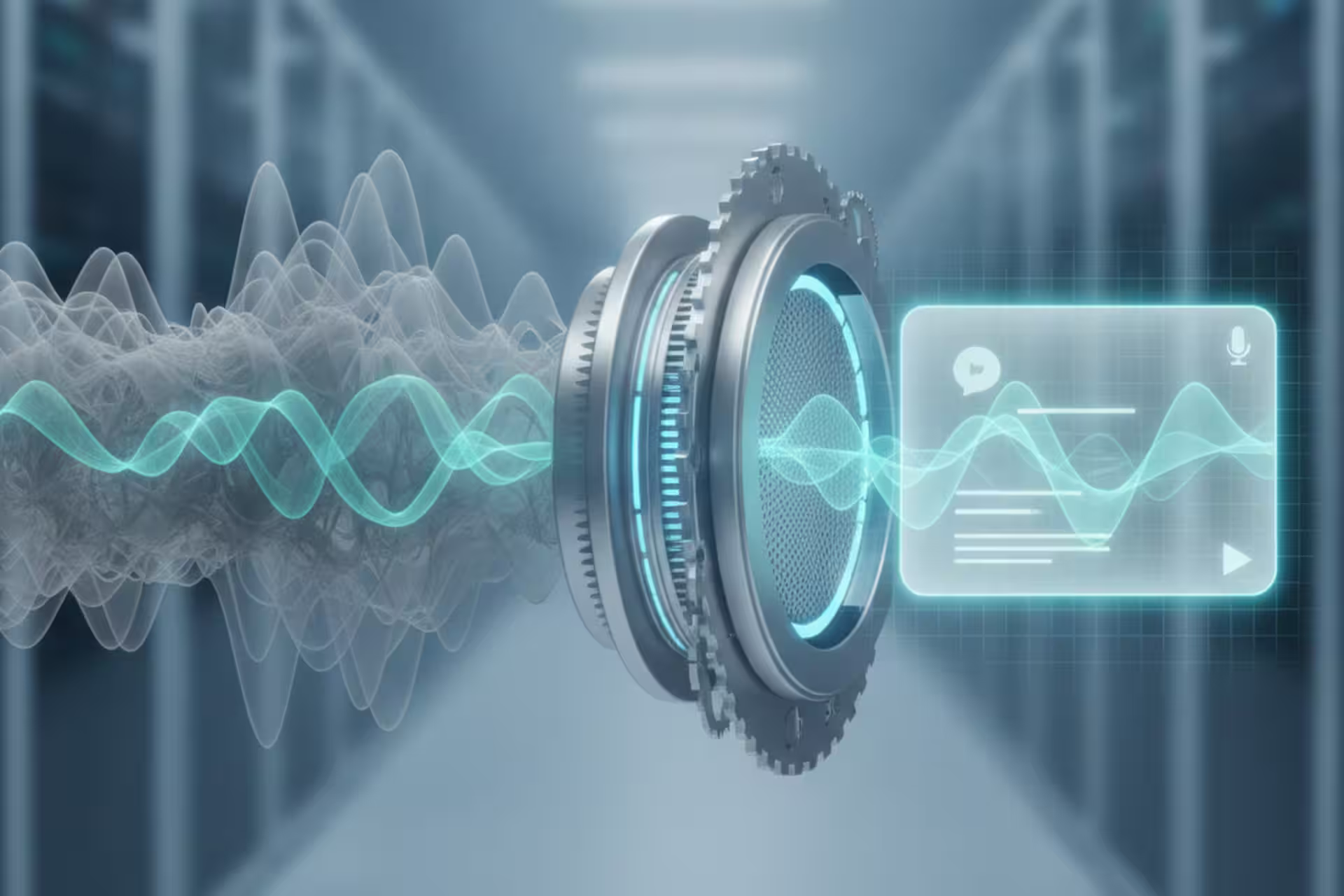 Noisy jobsite audio waveform filtered into a cleaner transcription card.