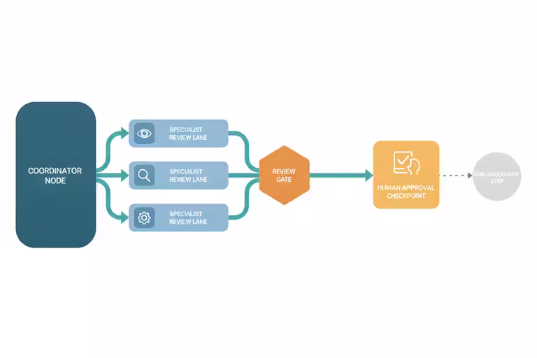 Workflow diagram where an AI coordinator routes tasks to specialists before human approval.