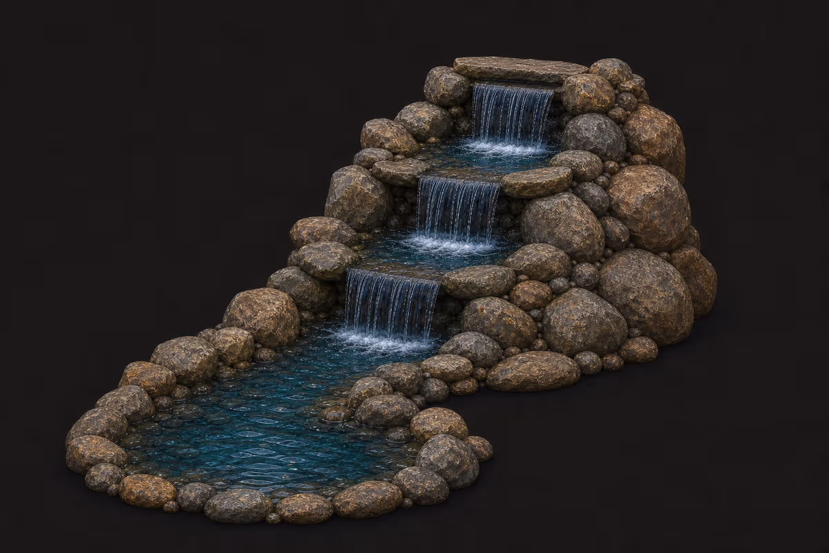 Natural stone three-tier waterfall and stream illustration