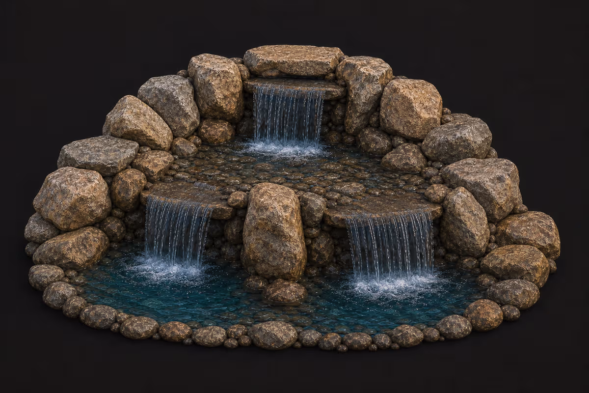Natural stone two-tier split waterfall illustration